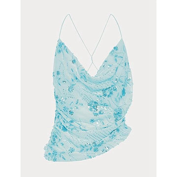 MQTIME  -  Women Summer Flower Embellished Sequin Beading Camisole Top Cowl Neck Thin Straps Open Back Asymmetrical Hem Vest